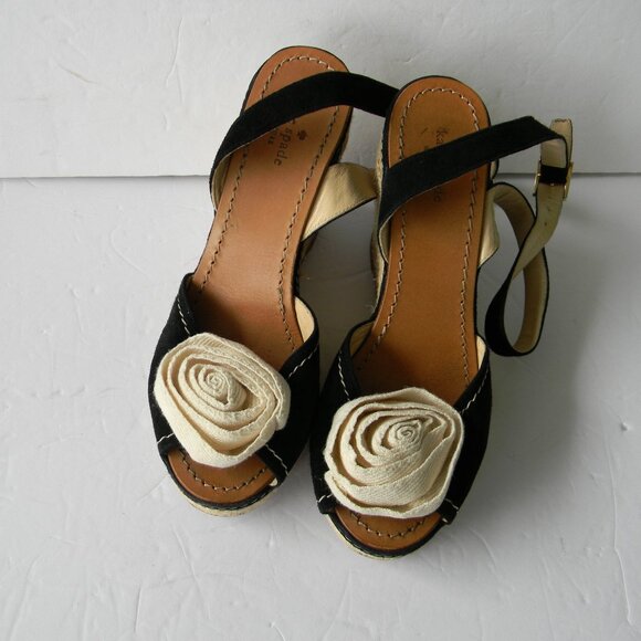 Kate Spade BRIT Black Cream Flower  Suede ESPADRILLE Wedge Sandals SZ 7 - Picture 4 of 10